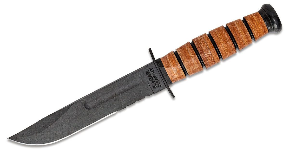 ka-bar-1252-short-serrated-ka-bar-fixed-blade-5-25-1095-cro-van-black-powder-coated-partially-serrated-clip-point-blade-stacked-leather-handle-brown-leather-sheath