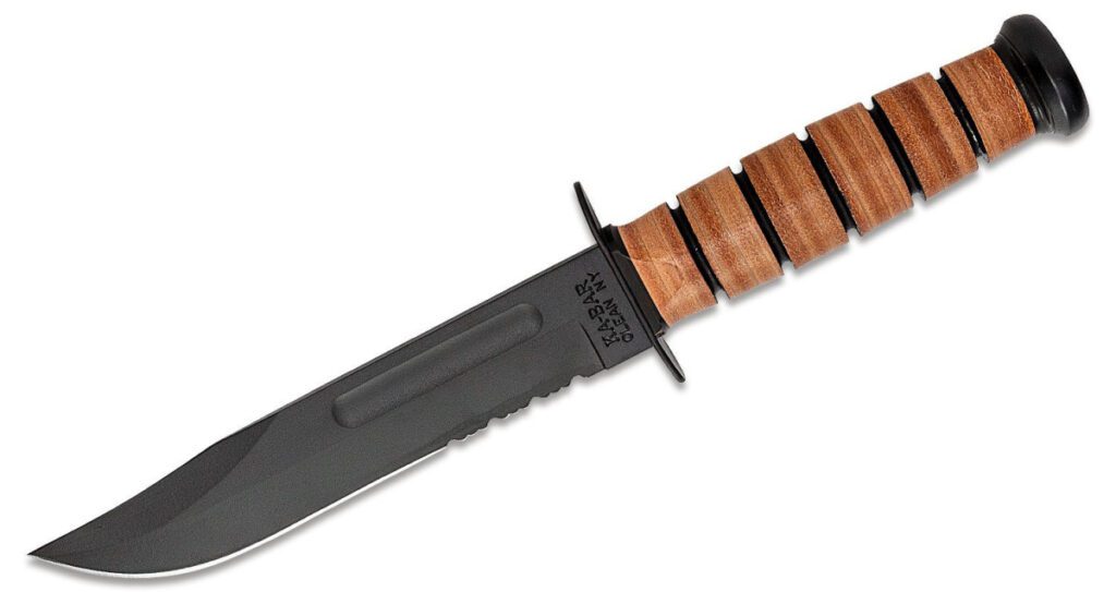 ka-bar-5019-u-s-army-ka-bar-serrated-edge-fixed-blade-7-1095-cro-van-black-clip-point-blade-brown-leather-wrap-handle-black-hard-plastic-sheath