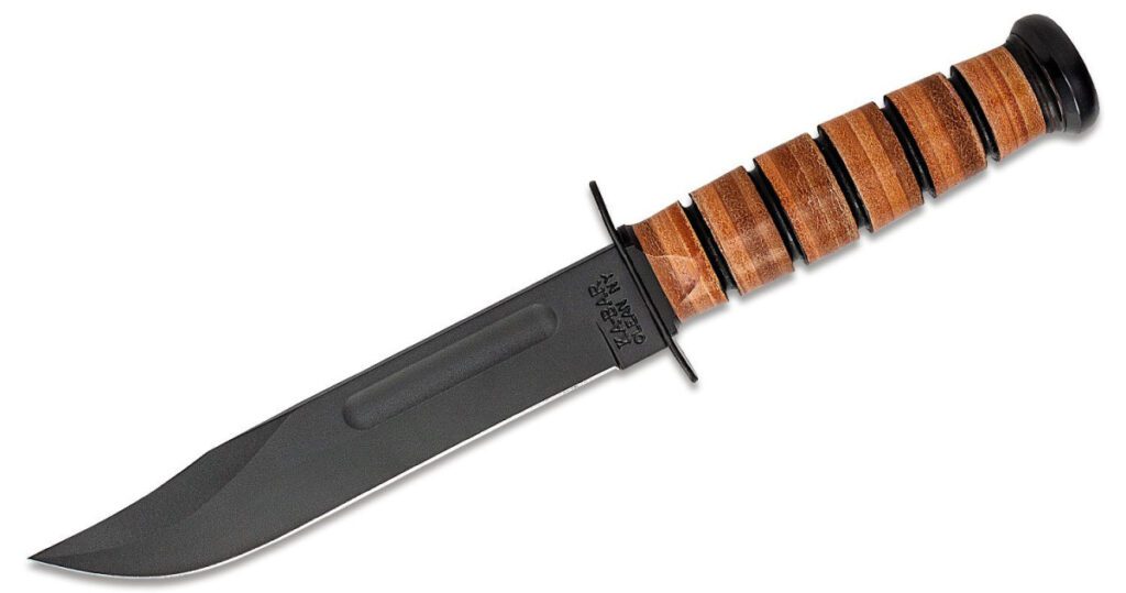 ka-bar-5020-u-s-army-ka-bar-straight-edge-fixed-blade-7-1095-cro-van-black-clip-point-blade-brown-leather-wrap-handle-black-hard-plastic-sheath