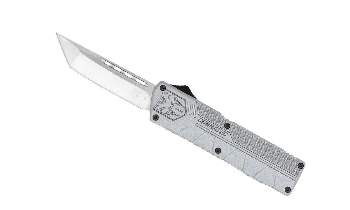 Cobratec (GYCTLWTNS) "Lightweight" Dual Action OTF, 3.25" D2 Satin Tanto Blade, Gray Aluminum Handle