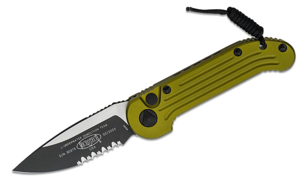 microtech-135-2t-l-u-d-t-automatic-folder-3-42-m390-two-tone-dlc-partially-serrated-drop-point-blade-od-green-anodized-6061-t6-aluminum-handle-push-button-lock
