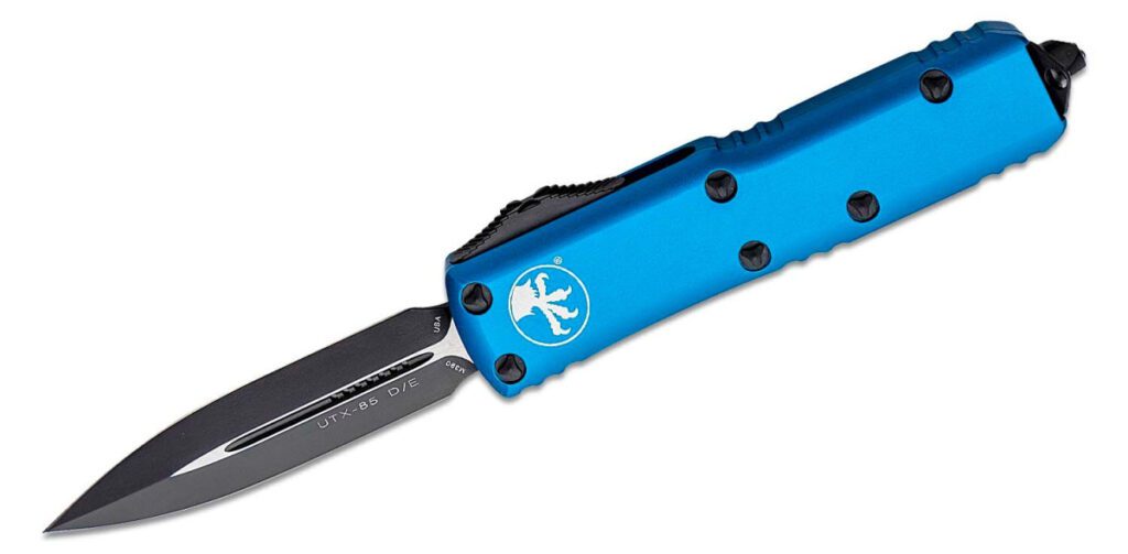 microtech-232-1-utx-85-dual-action-otf-3-125-m390-two-tone-dlc-dagger-blade-blue-anodized-6061-t6-aluminum-handle-with-glass-breaker
