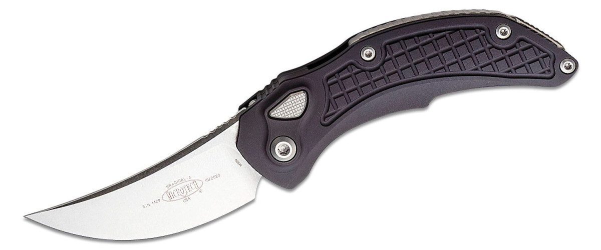 Microtech (268A-10) "Brachial" Automatic Folder, 3.25" M390 Stonewashed Upswept Trailing Point Blade, Black Anodized 6061-T6 Aluminum Handle, Push Button Lock