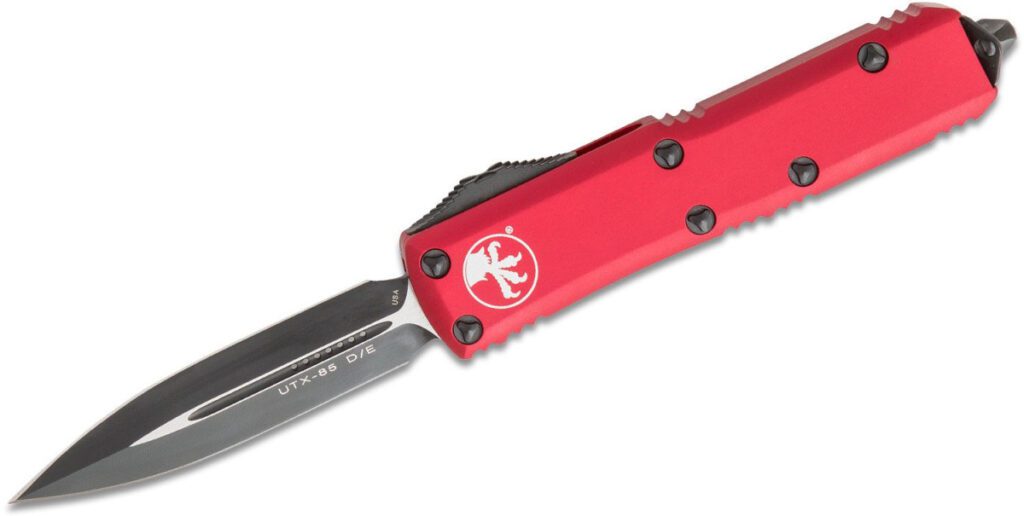 microtech-232-1rd-utx-85-dual-action-otf-3-125-m390-two-tone-dlc-dagger-blade-red-anodized-6061-t6-aluminum-handle-with-glass-breaker