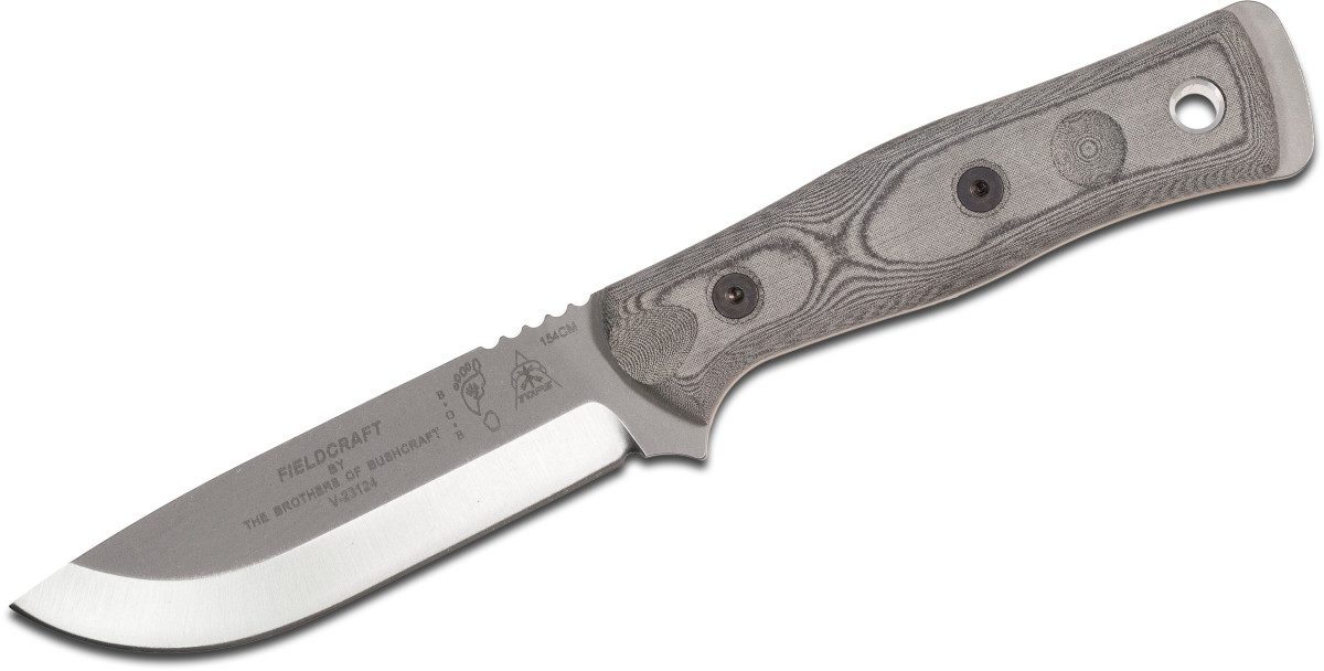 TOPS (BROS-154-BLM) "Fieldcraft" Fixed Blade, 4.75" 154CM Stonewashed Drop Point Blade, Black Linen Micarta Handle, Black Kydex Sheath
