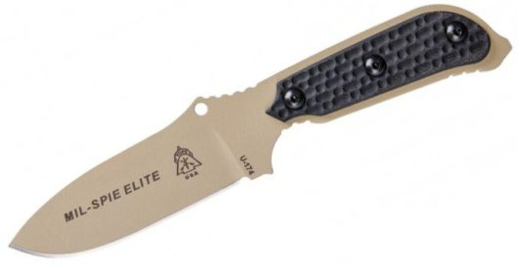 tops-mil3-elite-tan-mil-spie-elite-fixed-blade-4-00-1095-coyote-tan-coated-hunters-point-blade-black-micarta-handle-black-kydex-sheath