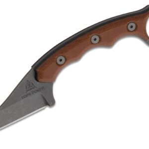 TOPS (TPKR-01) "Poker" Fixed Blade, 2.50" 1095 Dark Stonewashed Wharncliffe Blade, Tan/Black Canvas Micarta Handle, Black Kydex Sheath