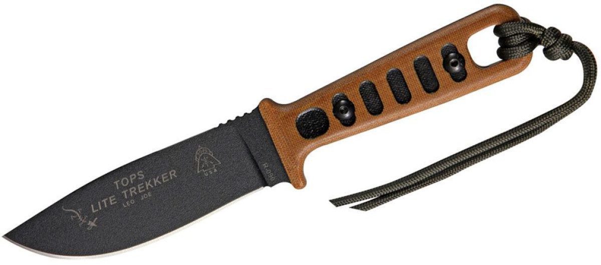 Tops (TLT-OB) "Lite Trekker Operator" Fixed Blade, 4.25" 1095 Black Drop Point Blade, Tan Canvas Micarta Handle, Kydex Sheath