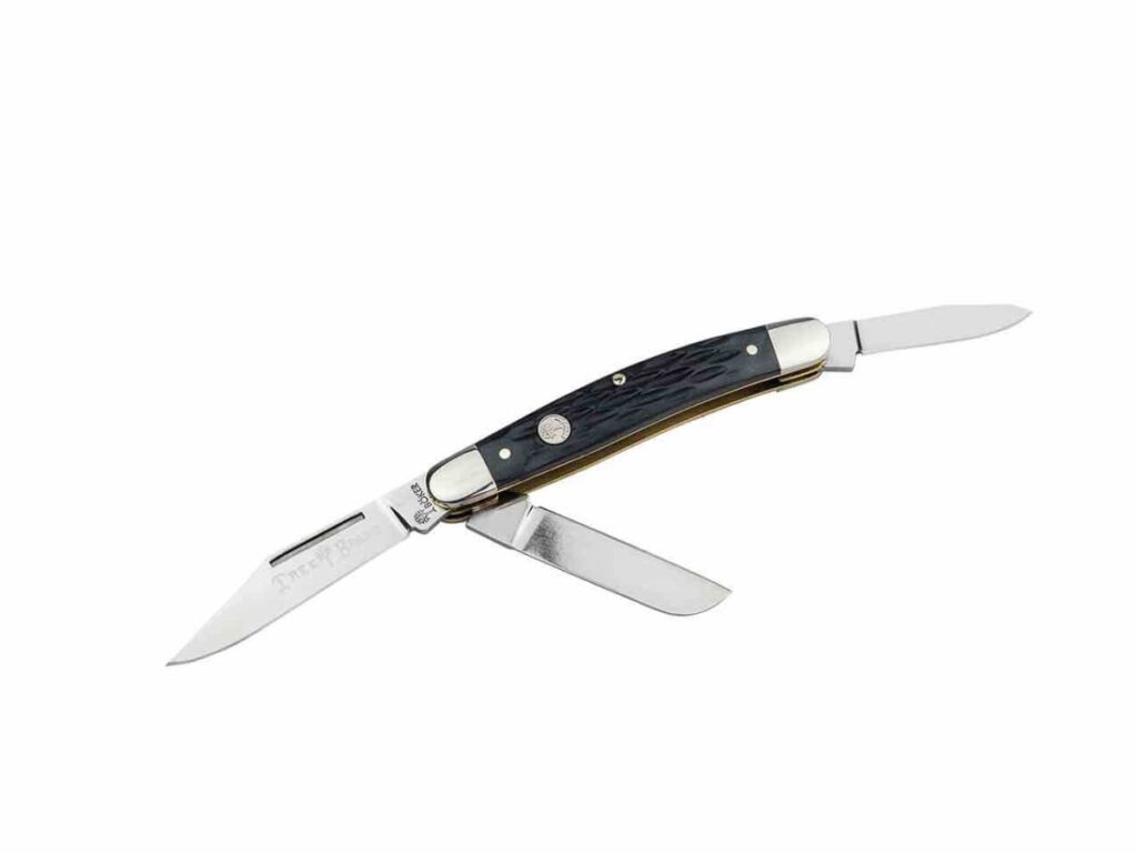 boker-110853-medium-stockman-non-locking-folder-d2-mirror-polish-spey-pen-clip-point-blades-black-jigged-bone-handle-slip-joint
