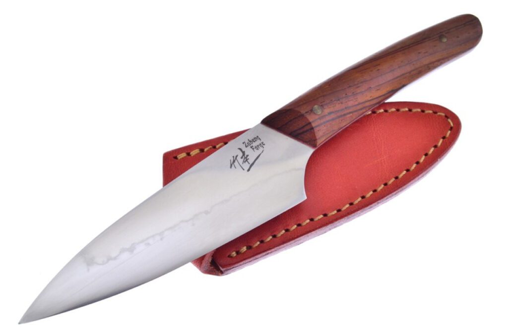 zubeng-forge-small-utility-knife-fixed-blade-3-5-tamahagane-steel-satin-drop-point-blade-wood-handle-leather-sheath